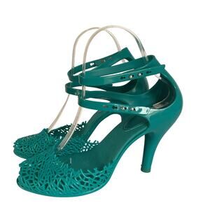 Melissa Turquoise Jelly Heels Sz 7 Cutout Strappy Y2K Sandals Barbiecore Summer